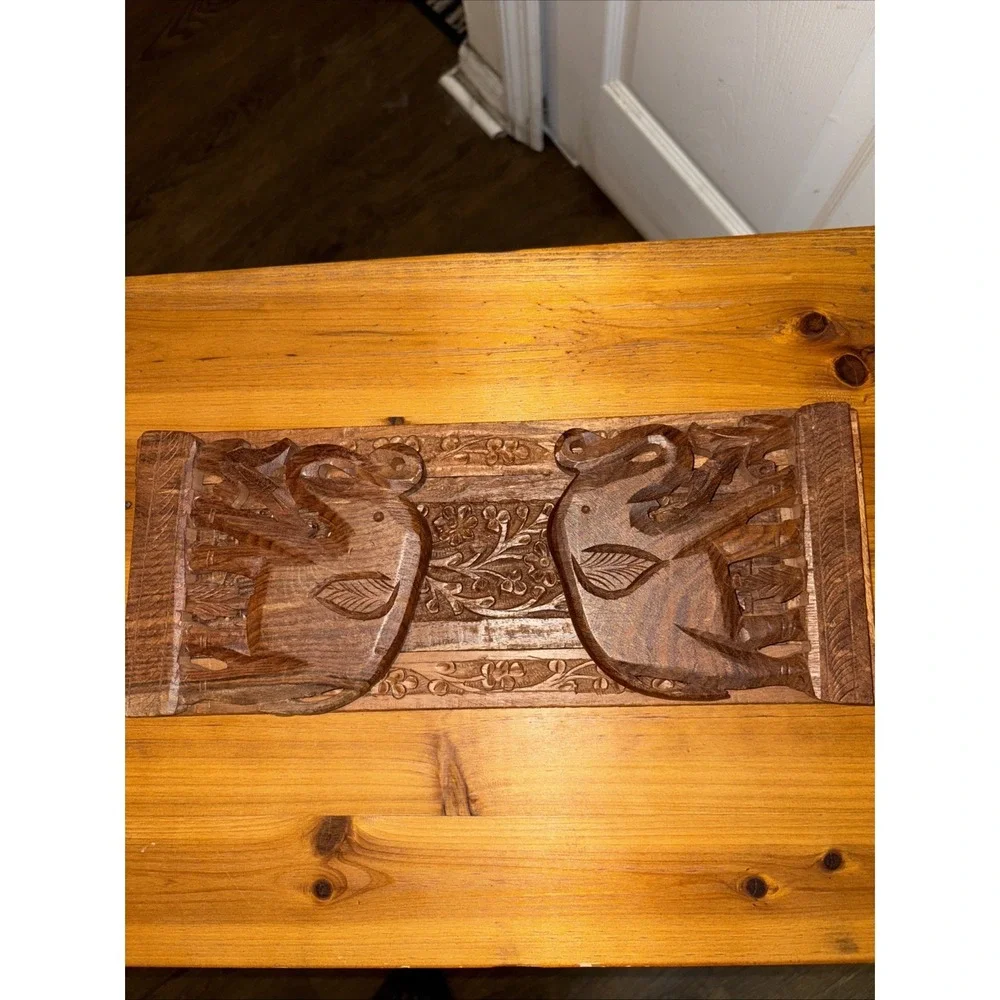 VTG‼ Hand Carved Ornate Elephant Expandable Wooden Bookend Rack Book Shelf India